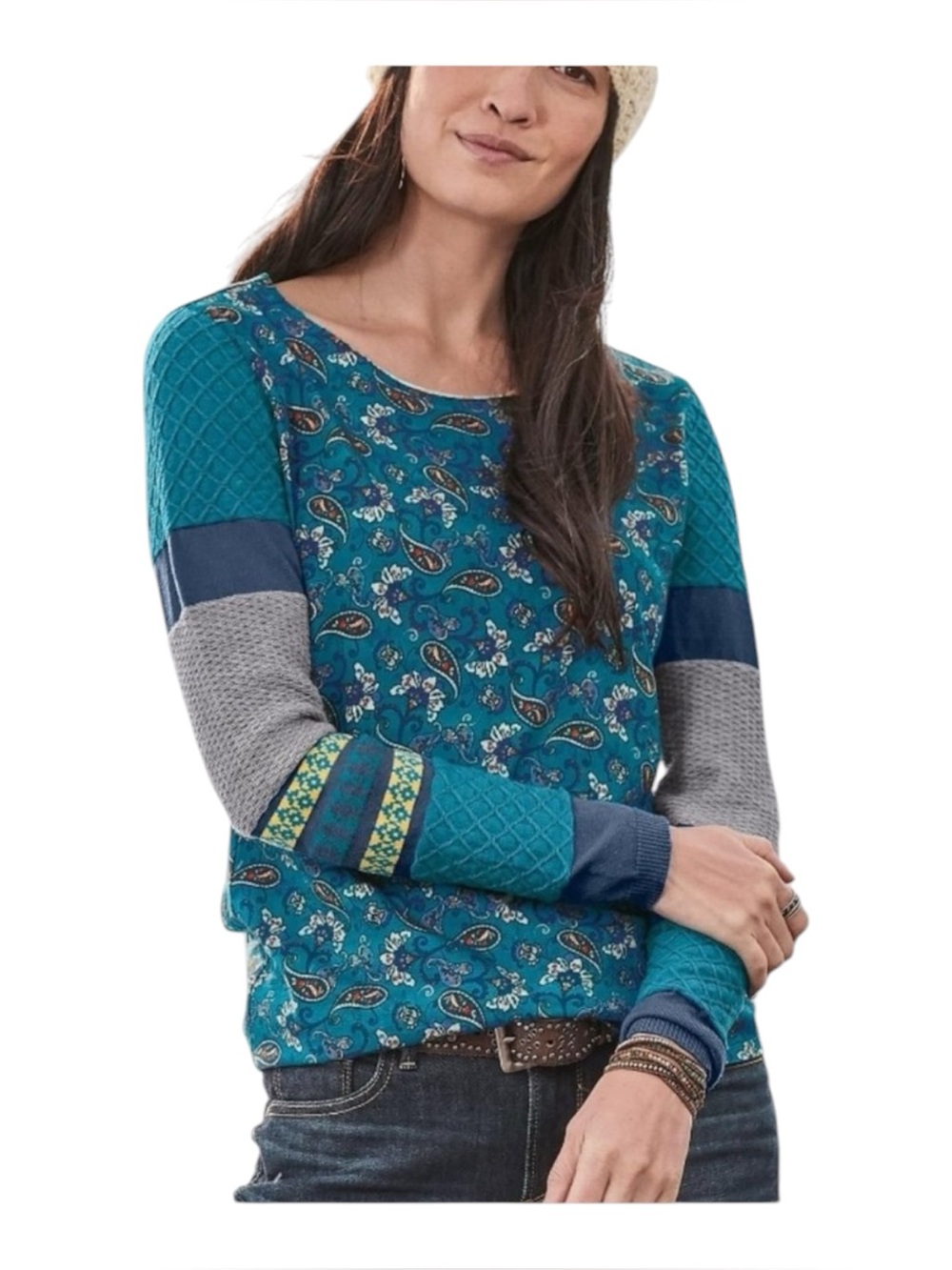 Sundance Sharrar Top Size Small Petite Knit Statement Sleeves Boho Paisley Teal